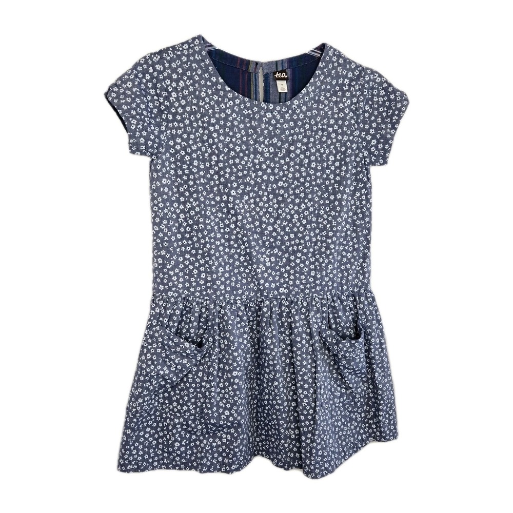 Tea Collection Girls Ditsy Floral Chambray Denim Dress Size 12 Pockets Blue